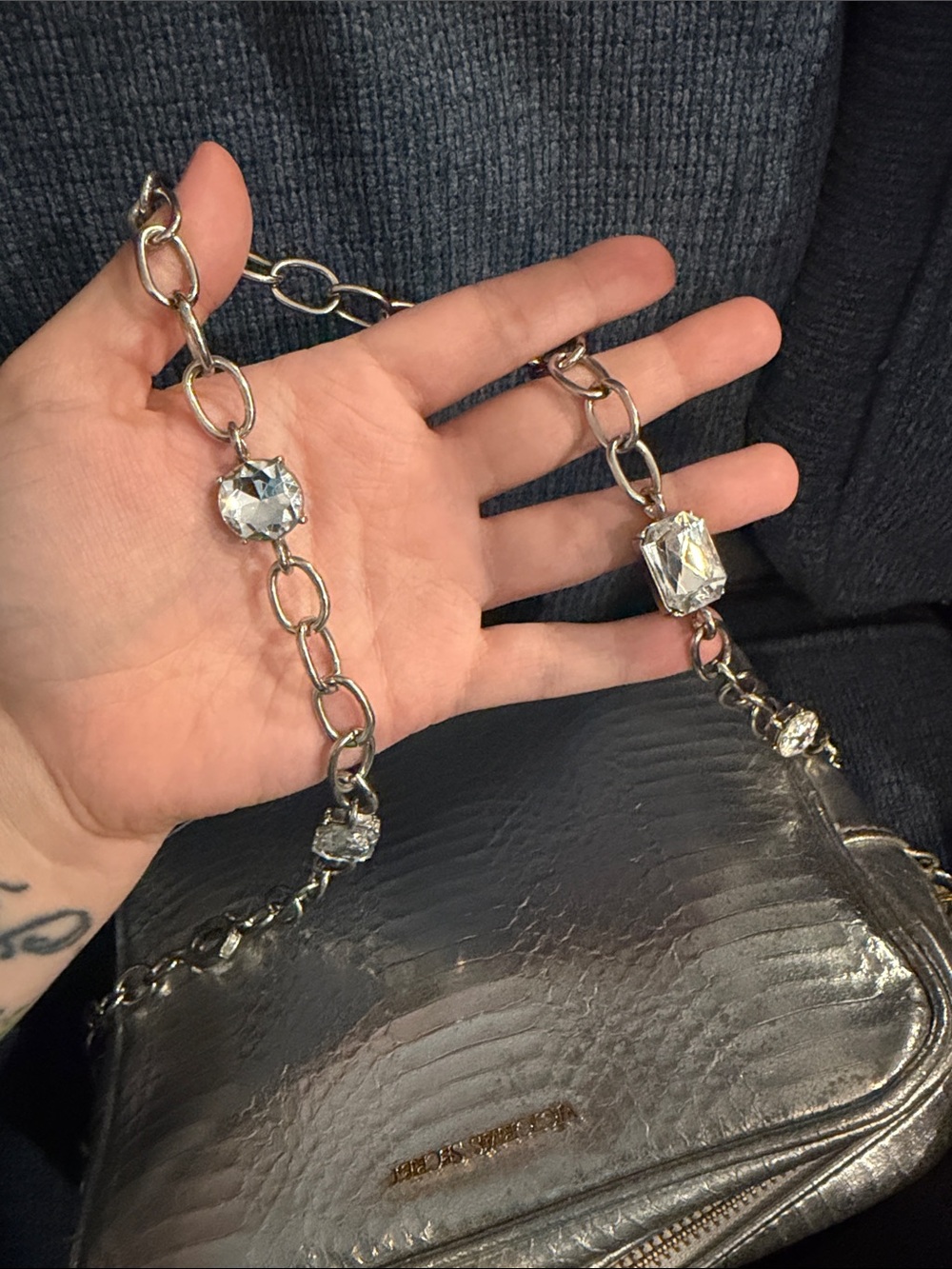 Victoria's Secret Metallic Silver Croc-Embossed Chain Crossbody - Picture 3 of 8